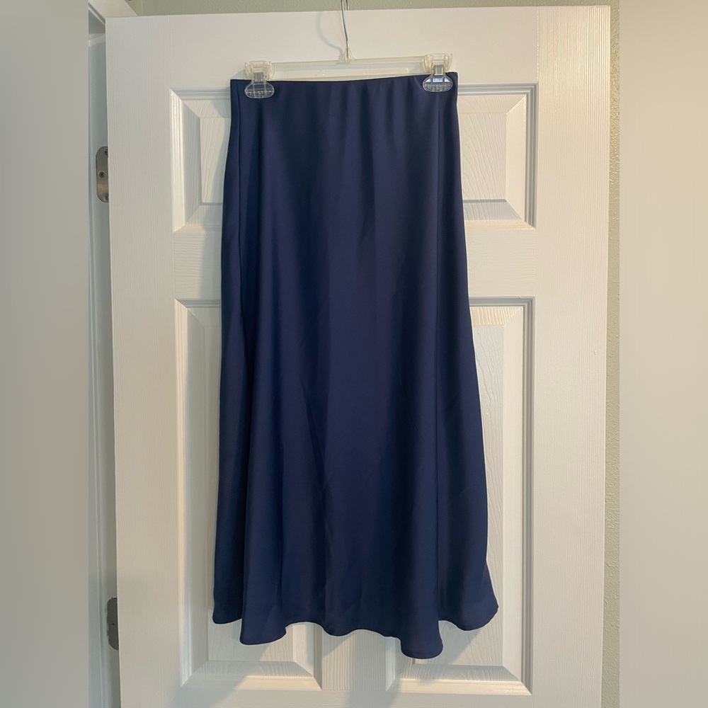 Navy Satin Midi Skirt